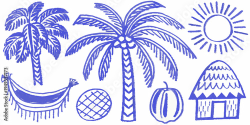 Blue doodle of tropical scene with palm trees sun and hammock