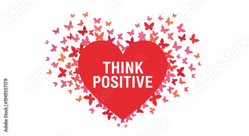 A vibrant red heart surrounded by colorful butterflies with a positive message