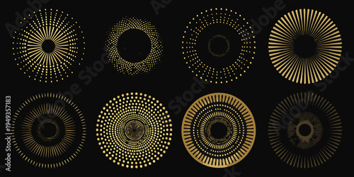 Golden radiating circles and ovals on a stark black background