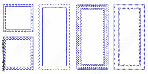 Five decorative blue borders arranged in a grid on a white background