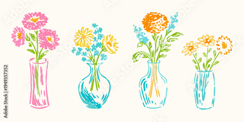 Colorful floral arrangements in sketched vases a vibrant botanical illustration