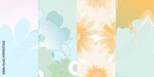 Abstract watercolor floral patterns in pastel shades vertically arranged