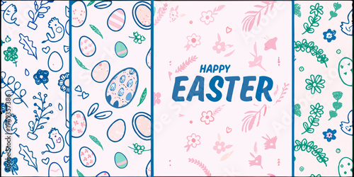 Colorful easter themed patterns and a central happy easter greeting