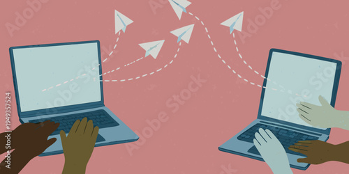 Two laptops connected by paper airplanes symbolizing digital communication