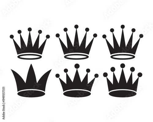 Minimalist crown icon set featuring diverse pointed shapes for royal identity and victory symbols
