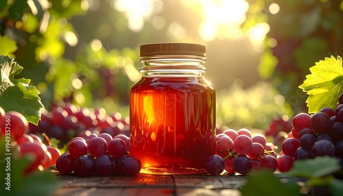 Glass jar of amber liquid surrounded by red grapes
