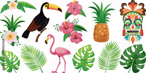 Tropical illustration featuring toucans flamingos and vibrant floral elements