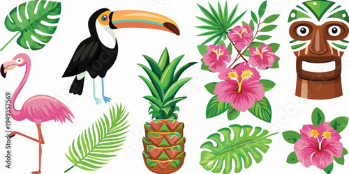 Tropical illustration featuring a toucan flamingo and various botanical elements