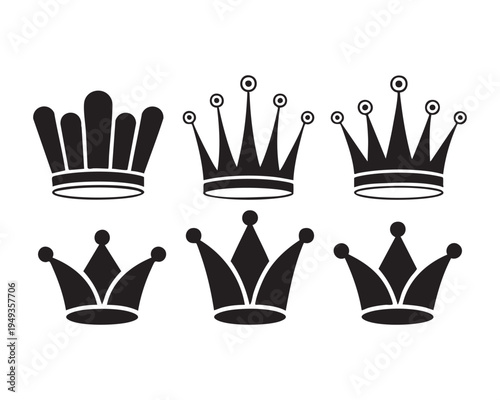 Set of black vector crown silhouettes for royal branding and jewelry design icons with king symbols