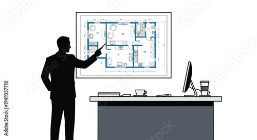 Man presenting a building floor plan to a computer and desk
