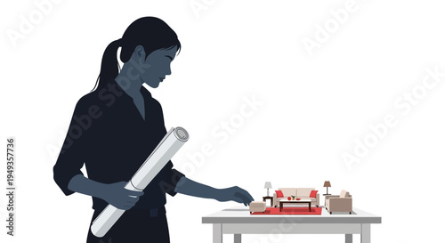 Architectural design a woman studies a miniature living room model