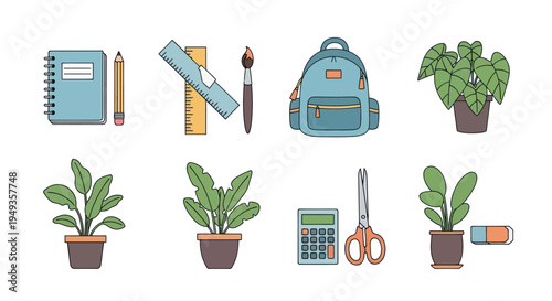 School supplies and plants vector illustration