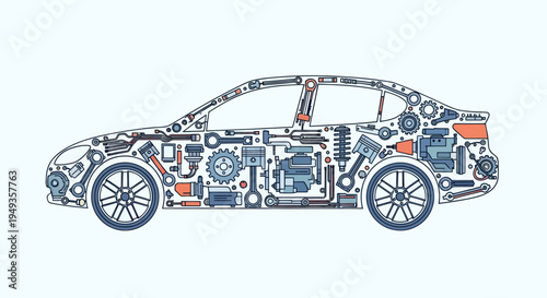 Detailed car parts and mechanics.