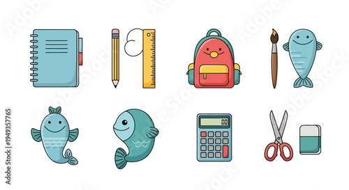 School supplies and smiling fish cartoon set