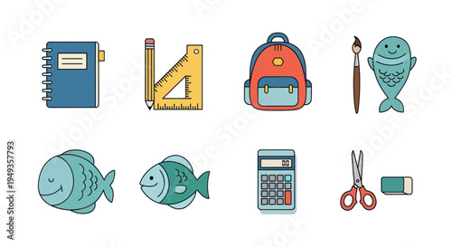 School supplies and smiling fish set