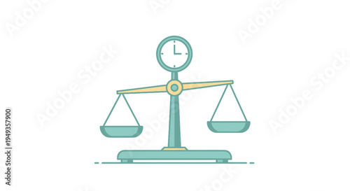 Teal balance scale with clock.