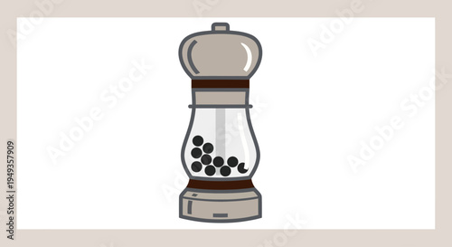 Pepper mill with black peppercorns inside.