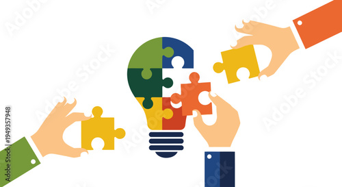 Hands holding puzzle pieces together.