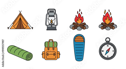Camping gear and outdoor adventure icons.