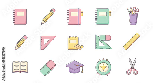 School supplies icons on white background