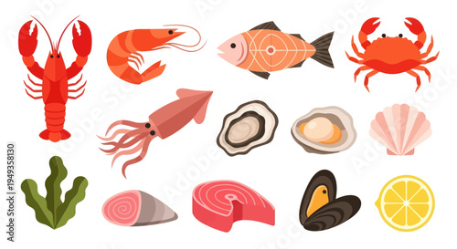 Seafood assortment lobster shrimp fish crab
