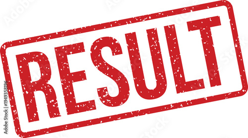 A textured red grunge rectangular rubber stamp clearly displaying the significant word RESULT on a white backdrop