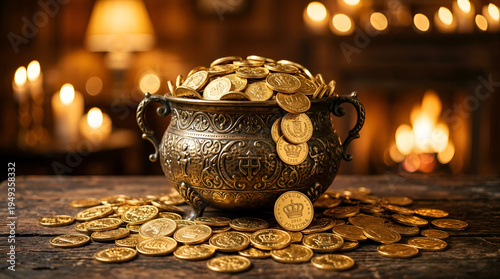 Golden Brass Pot Filled with Coins for Wealth and Prosperity Festival Illustration Happy Dhanteras background with golden pot and gold coins - ai generative
