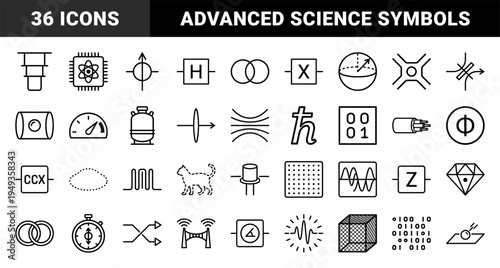 Quantum computing and theoretical physics symbols for technical documentation. Precise monolinear schematics featuring qubits, wave particles, and atomic structures.
