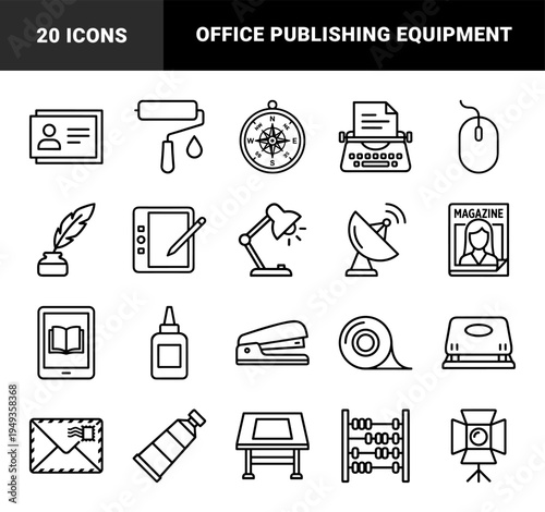 Creative office and publishing workspace elements in a technical monoline style. Stationery, writing tools, and artistic equipment for brand identity.