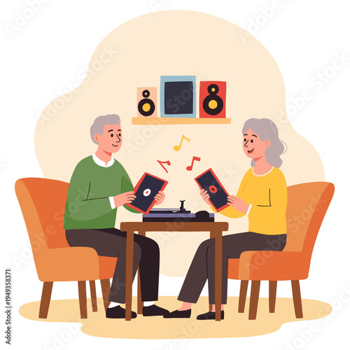Elderly couple playing a game and enjoying music at home. Elderly set