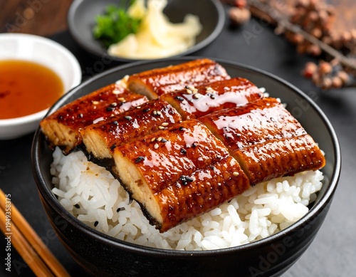 Glazed eel, cut in sections, atop fluffy rice in a bowl with sides of sauce and ginger on a dark surface