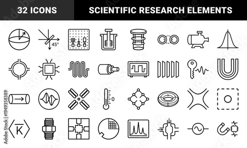 Quantum physics and laboratory research symbols featuring particle mechanics, thermodynamics, and electromagnetic wave technical monoline graphics.
