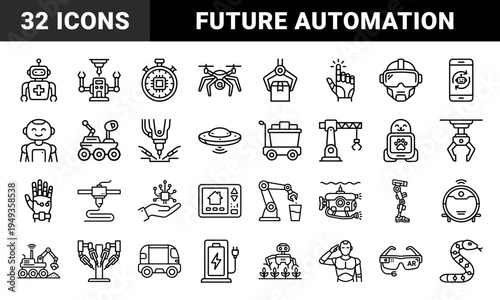 Robotic automation and future technology concepts featuring artificial intelligence, industrial machinery, and smart device monoline symbols.
