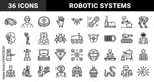 Autonomous robotics and artificial intelligence systems for industrial automation. Technical monoline pictograms featuring androids, drones, and smart machinery.