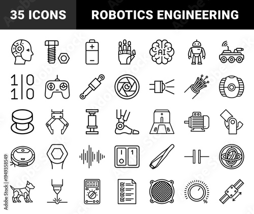 Robotics and automation engineering elements for industrial manufacturing. Technical monoline pictograms featuring mechatronics and artificial intelligence concepts.