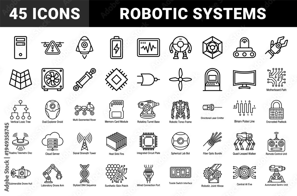 Fototapeta premium Robotic engineering and advanced automation technical monoline elements. Blueprint style pictograms featuring cybernetic systems and hardware components.