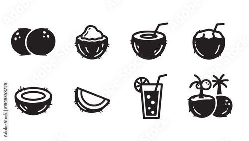 Coconut Icons Set Tropical Fruit Drinks and Slices Vector Graphics