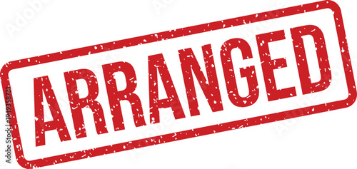 A vibrant red rectangular grunge rubber stamp features the word ARRANGED set against a clean white backdrop