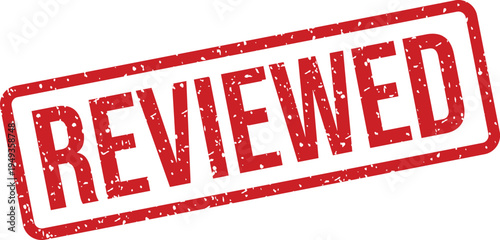 A vibrant red grunge textured rectangular stamp featuring the crucial word REVIEWED against a pristine white surface