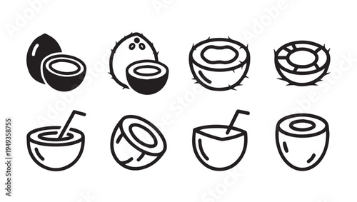 Coconut Icons Set Tropical Fruit Halves and Whole Drink and Food Elements Vector Graphics