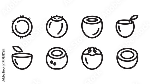 Coconut Icons Set Tropical Fruit Outline Symbols Healthy Food Elements
