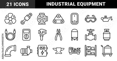 Industrial manufacturing and mechanical engineering equipment line art. Technical monoline pictograms for factory maintenance and heavy machinery.