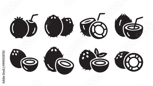 Coconut Icons Set: Whole Halved and Tropical Drinks Vector Graphics