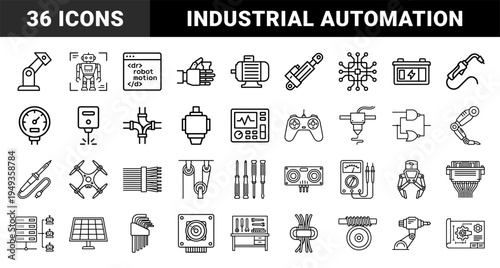 Industrial automation and robotics engineering elements. Technical monoline pictograms featuring mechanical arms, sensors, and smart manufacturing systems.