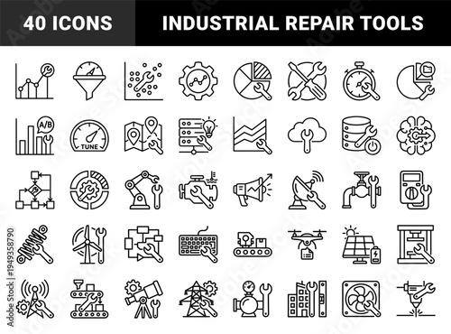 Technical maintenance and industrial optimization symbols for engineering workflows. Thick monoline repair concepts for energy, manufacturing, and data systems.