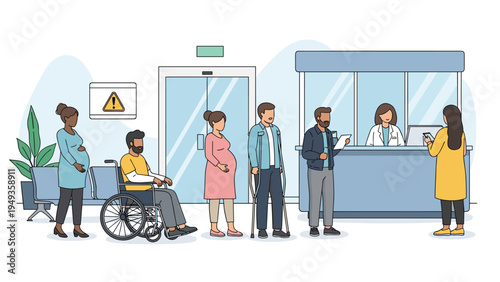 Diverse group of people including pregnant women and disabled patients waiting at a hospital reception counter for medical consultation.