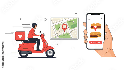 Courier on a red scooter delivering food with a smartphone app showing the order and a map tracking the route.