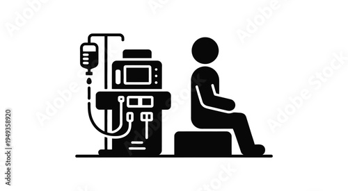 Single solid silhouette icon of patient connected to dialysis machine, representing kidney treatment, blood purification and medical healthcare therapy.