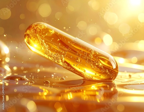 Golden capsule with small bubbles floats on a shiny, reflective amber surface with blurry, sparkling light effects
