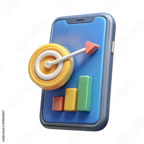 A smartphone displaying a colorful bar chart with a bullseye target symbol isolated on transparent background